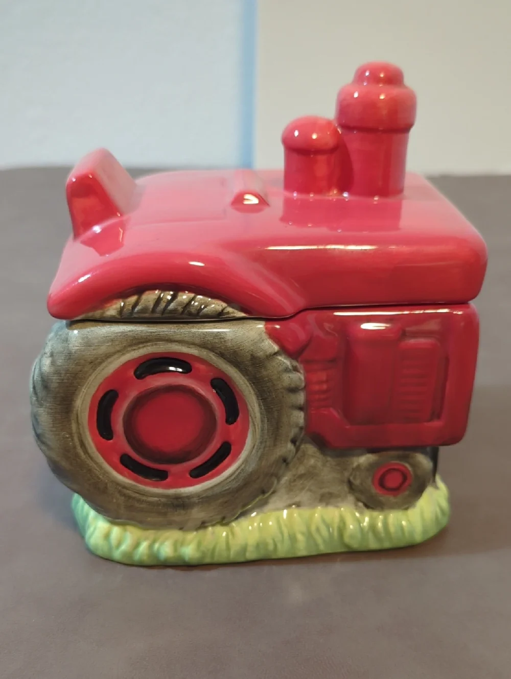 Ceramic Red Farm Tractor Blonder Home Cookie Jar Canister Linda Picken